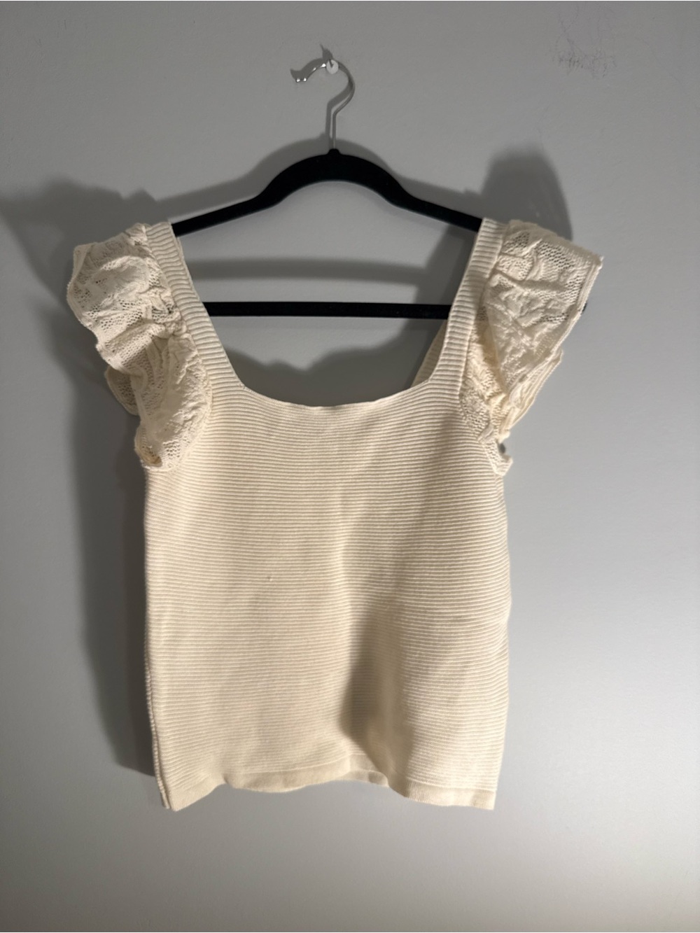 Reserved Cream Ribbed Knit Tank with Lace Ruffle Sleeves